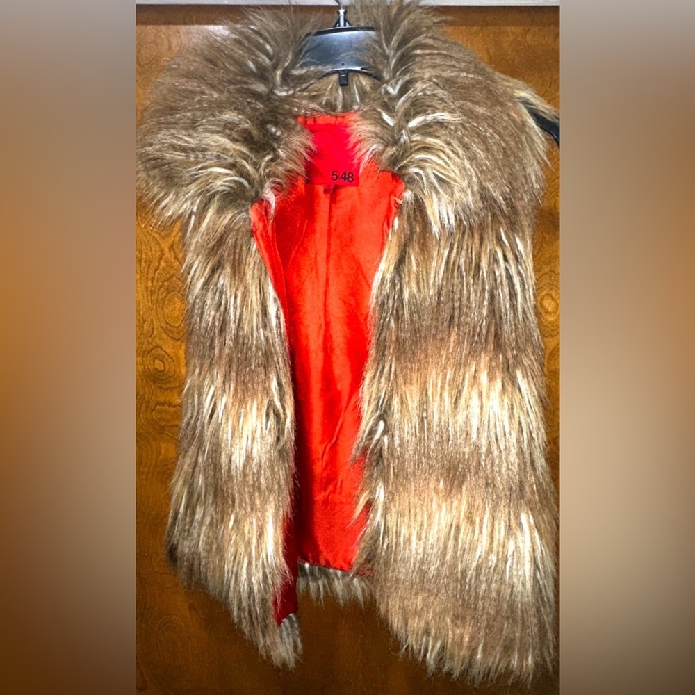 Luxury Brown Faux Fur Vest Orange Satin Lined Cozy Winter Glam Boho - Picture 6 of 9